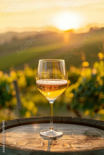 Verre de vin blanc posé sur un tonneau dans les vignes, vignoble en arrière plan, ia générative