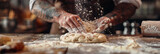 Close up of  hands kneading and stretching pizza dough on a floured surface,Pizza Process Dough Preparation, 