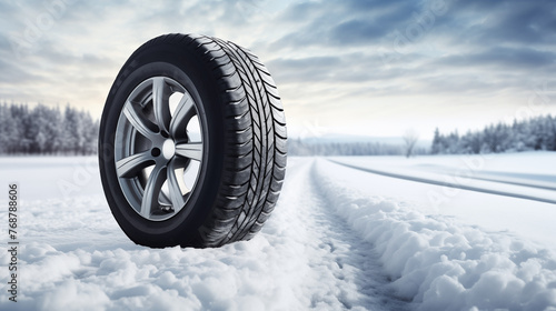 Close-Up of Car Tire on a Snow-Covered Road in Winter