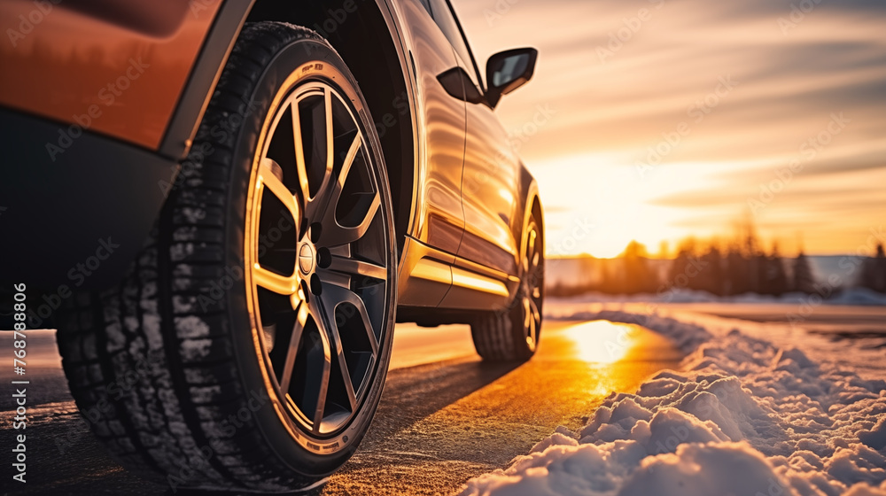 Luxury Vehicle on Snowy Road at Sunset - Winter Drive Concept - obrazy, fototapety, plakaty 