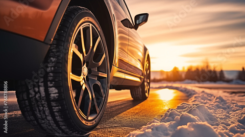 Luxury Vehicle on Snowy Road at Sunset - Winter Drive Concept