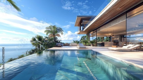 interactive 3D tour of a modern luxury villa overlooking the ocean.