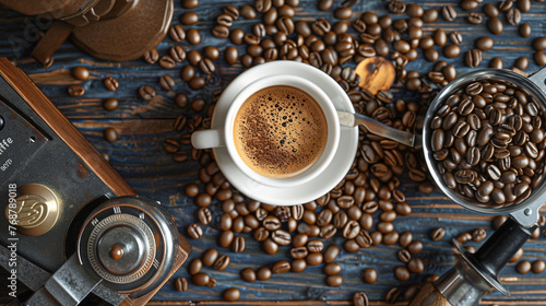 Aerial Coffee Scene: Cup, Beans, Grinder