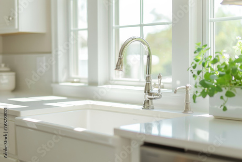 Sunlight dances on a pristine kitchen sink  inviting cleanliness and order.