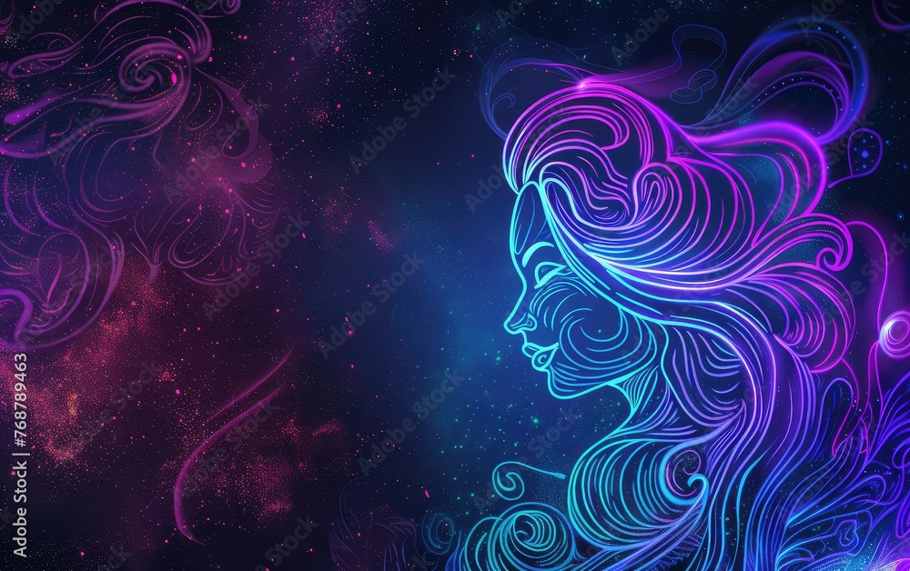 Multicolor neon light drawing, Virgo sign isolated on black background. Glowing line art. Festive concept for Zodiac signs, copy space. Multicolor neon light drawing, Virgo sign isolated on black background. Glowing line art. Festive concept for Zodiac signs, copy space.