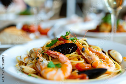 Exquisite seafood pasta served with elegance on a dining table.