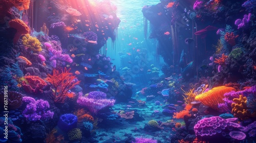 fantastical underwater world inhabited by colorful coral reefs  exotic sea creatures  and ancient shipwrecks.