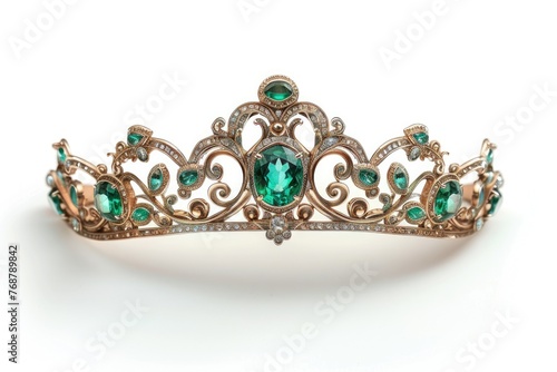 White gold tiara surrounded with green emeralds, isolated on white. Generative Ai