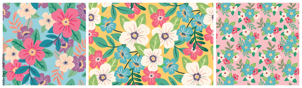 custom made wallpaper toronto digitalSeamless floral pattern, summer ditsy print collection. Cute colorful botanical design: large hand drawn daisy flowers, small flowers, leaves. Pretty abstract flower ornament, vector illustration.