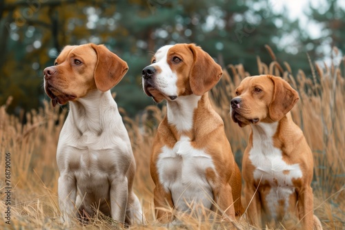 Three Adorable Beagle Dogs Sitting Together in a Golden Grass Field with Autumn Foliage in Background