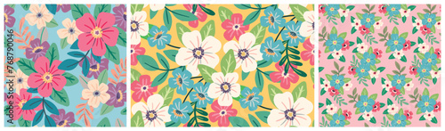 Wallpaper Mural Seamless floral pattern, summer ditsy print collection. Cute colorful botanical design: large hand drawn daisy flowers, small flowers, leaves. Pretty abstract flower ornament, vector illustration. Torontodigital.ca