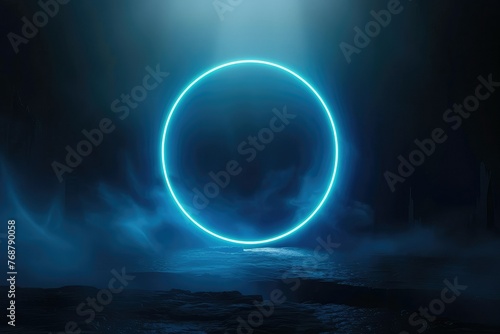 Neon blue color geometric circle on a dark background. 