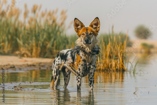 African Wild Dog Standing in Shallow Water with Tall Grasses in the Background photo