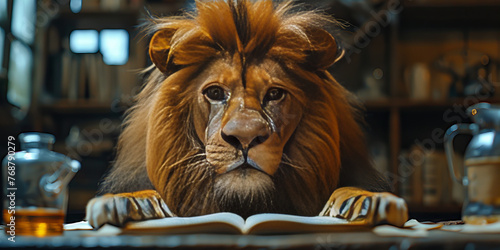 Banner: Majestic Lion Engrossed in Literary World Among Cozy Library Shelves