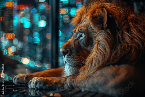 Majestic Lion Contemplating in a Dazzling City of Lights Banner