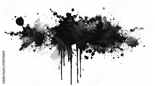 Ink splatter. Oil stain. Abstract splash of dark black spatters drips oil watercolor explosion on white creative illustration. photo