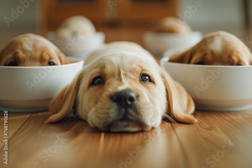 Adorable Golden Retriever Puppies Lounging in Bowls on Wooden Floor Captured in Warm Ambient Light