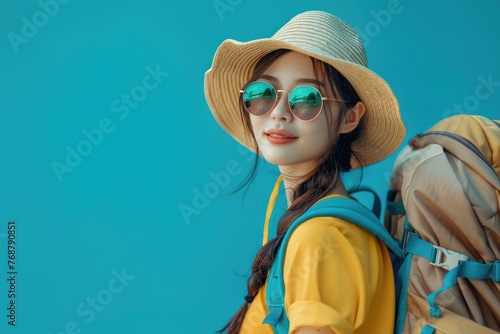 Contented young Asian traveler lady donning beach headgear. Generative Ai