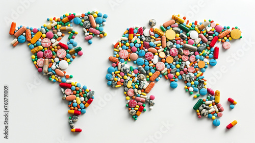 Global Health Concept: Assorted Pills Forming World Map, Multicolored Medication Variety