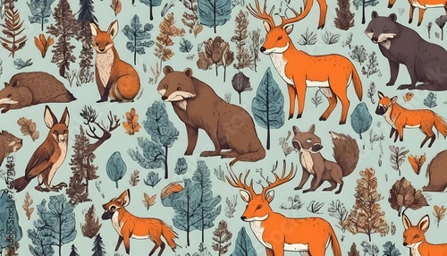 seamless pattern with hand-drawn wild forest animals and trees.