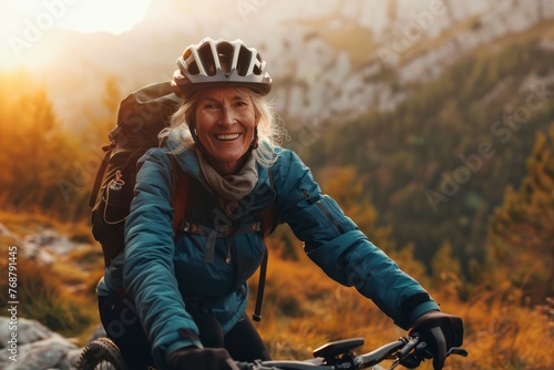Amidst a forested mountain scape, a woman in her 50s exudes vitality and joy, mountain biking at golden hour. © NS