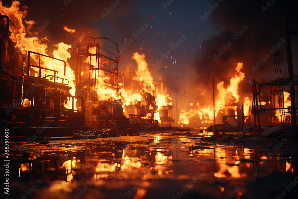 Devastating Blaze Engulfs Industrial Complex at Nighttime - Emergency Response Needed Banner