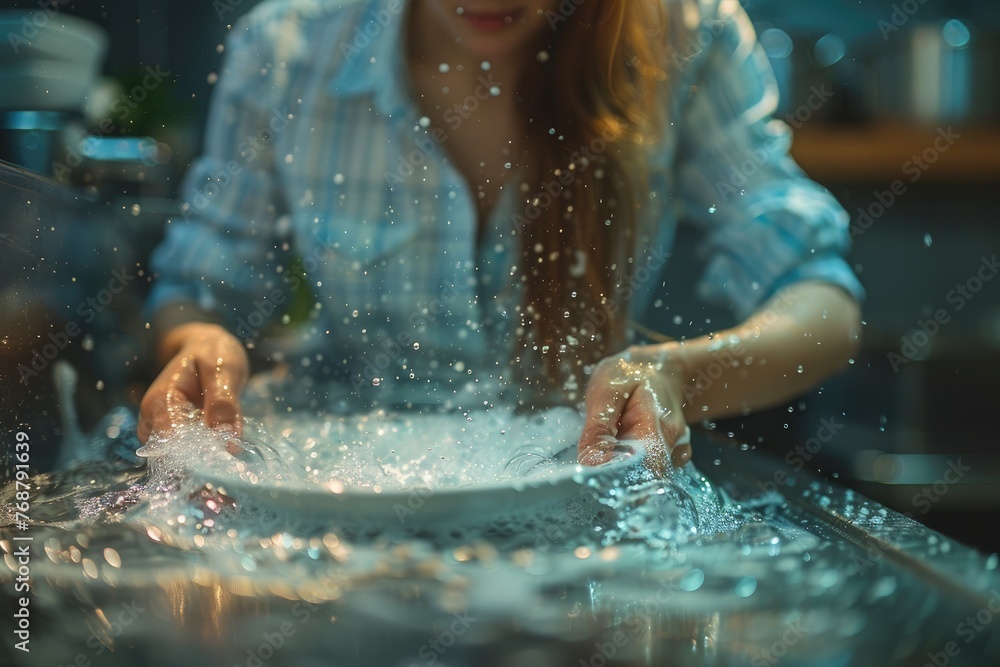 Close-up of a modern woman cleaning a plate, Generative Ai