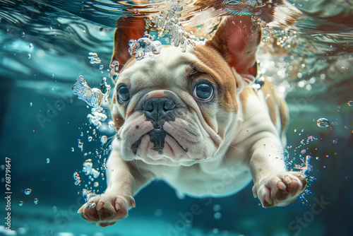 A small dog is swimming in a pool. The dog is looking up at the camera. The water is clear and calm. photography, nature, underwater photo, happy diving little cute bulldog