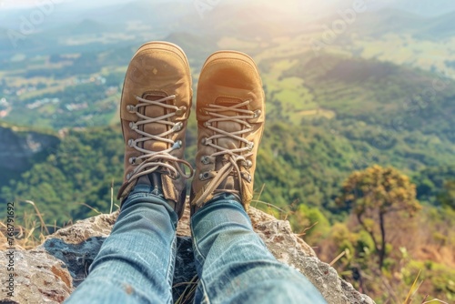 Basking in the warm glow of the sun, a hiker's feet point towards the sky from a mountain summit, symbolizing the triumph and joy of reaching new heights
