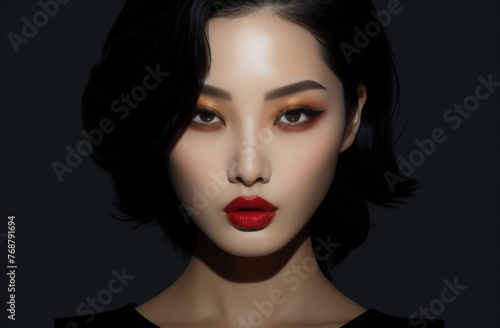 A close up head shot portrait of an Asian young, beautiful, confident and attractive. Generative AI.