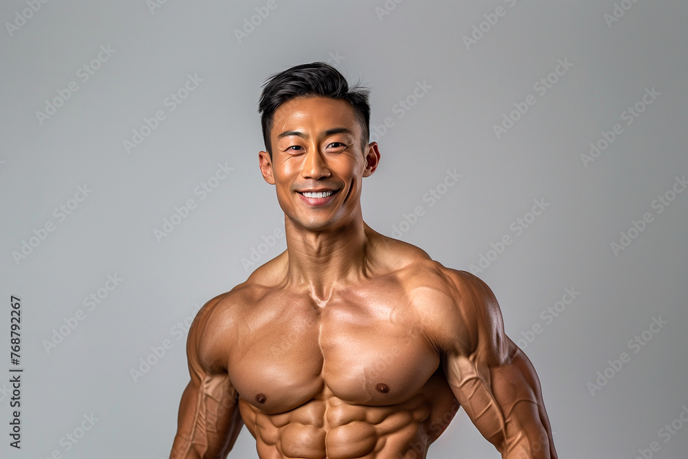 Fototapeta premium An asian bodybuilder smiling at the camera on light gray studio background.