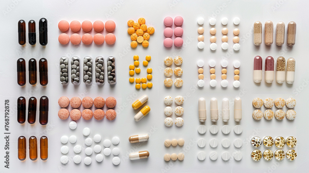 Assorted Well-Organized Vitamin Supplements and Pills on White Background Assorted Well-Organized Vitamin Supplements and Pills on White Background