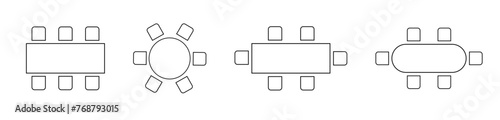 Cafe or restaurant seats arrangement plan. Table and chairs icons isolated on white background. Workplase, meeting or business training seatings scheme top view. Vector graphic illustration