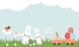 Easter wallpaper with daisy flower, lady bug, rabbit cartoons, garden cart, carrot and Easter eggs on green grass on sky background vector.