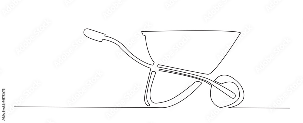 Hand drawn one line (line art) wheelbarrow. White background. Vector illustration.