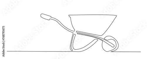 Hand drawn one line (line art) wheelbarrow. White background. Vector illustration.