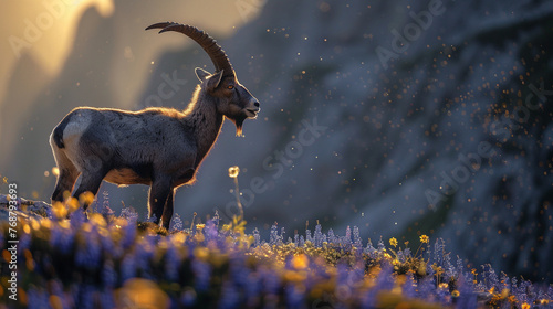 Goat standing on a rock with yellow and violet flowers
