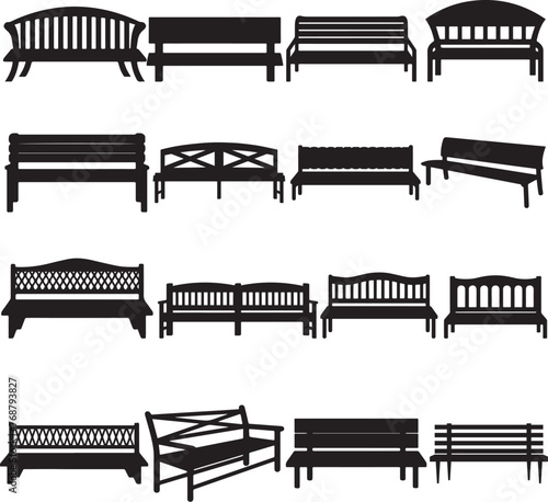 Vector pack of seating options in the form of benches silhouettes in black and white