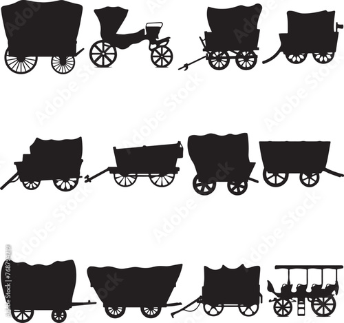 Vector pack of vintage carriages and wagons silhouetted against a white background