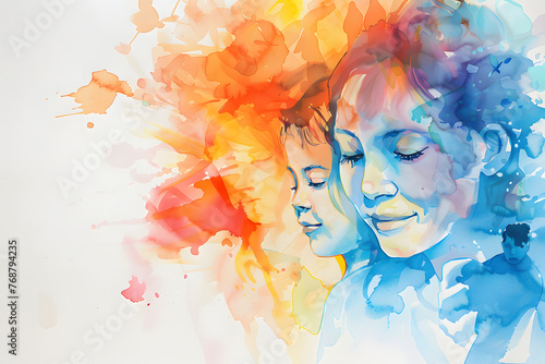 watercolor portrait of a mother with her children, mother's day concept, generative ai