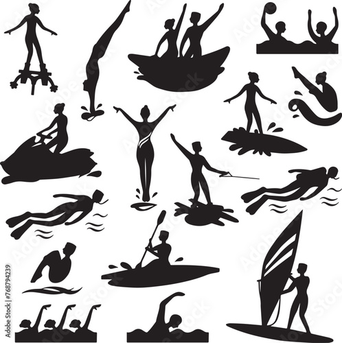Vector pack of silhouetted group of people participating in various water sports activities
