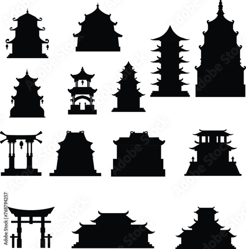 Vector pack of silhouettes of pagodas and temples