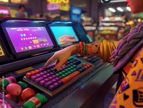 A woman is playing a video game on a computer. She is wearing a yellow jacket and has a bracelet on her wrist. The game is on a computer monitor and the woman is using a keyboard to play