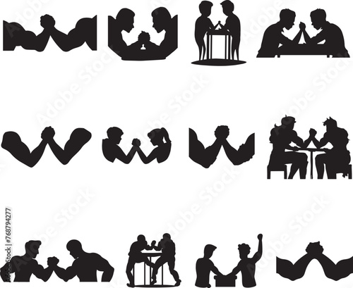 Vector illustration of a group of people arm wrestling in silhouette