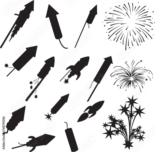 Vector illustration of silhouettes of various firework against a white background