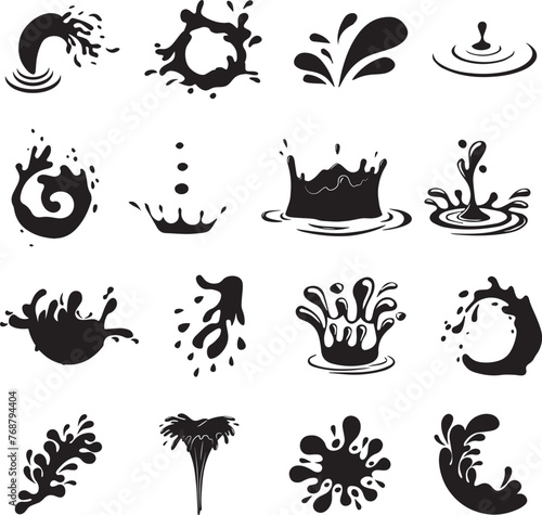 Vector illustration of water splash icons and waves silhouetted against a white background