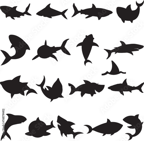 Vector illustration of a white background with multiple silhouetted sharks of varying poses