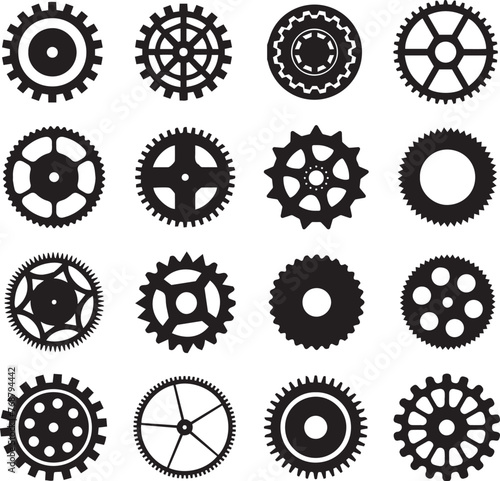 Vector illustration of a set of black cogs and gears silhouetted against a white background