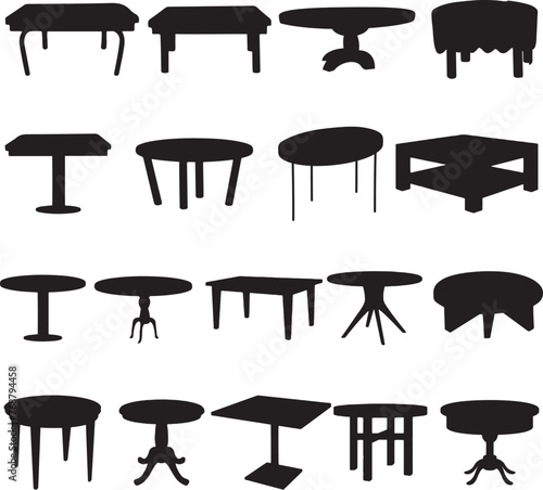 Vector illustration of a set of furniture silhouettes with tables against a white background