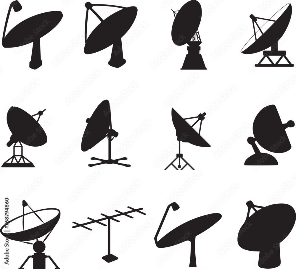Vector illustration of satellite dishes in silhouettes on a white background - obrazy, fototapety, plakaty 